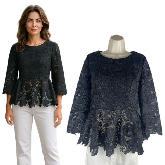 Moshita Couture Lace Embellished Peplum Hem Evening Blouse Black Size 6 - Picture 1 of 9